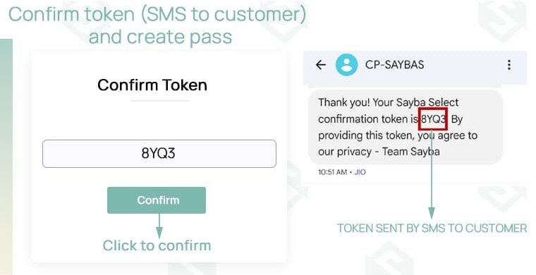 Confirm token screen with the customer SMS
