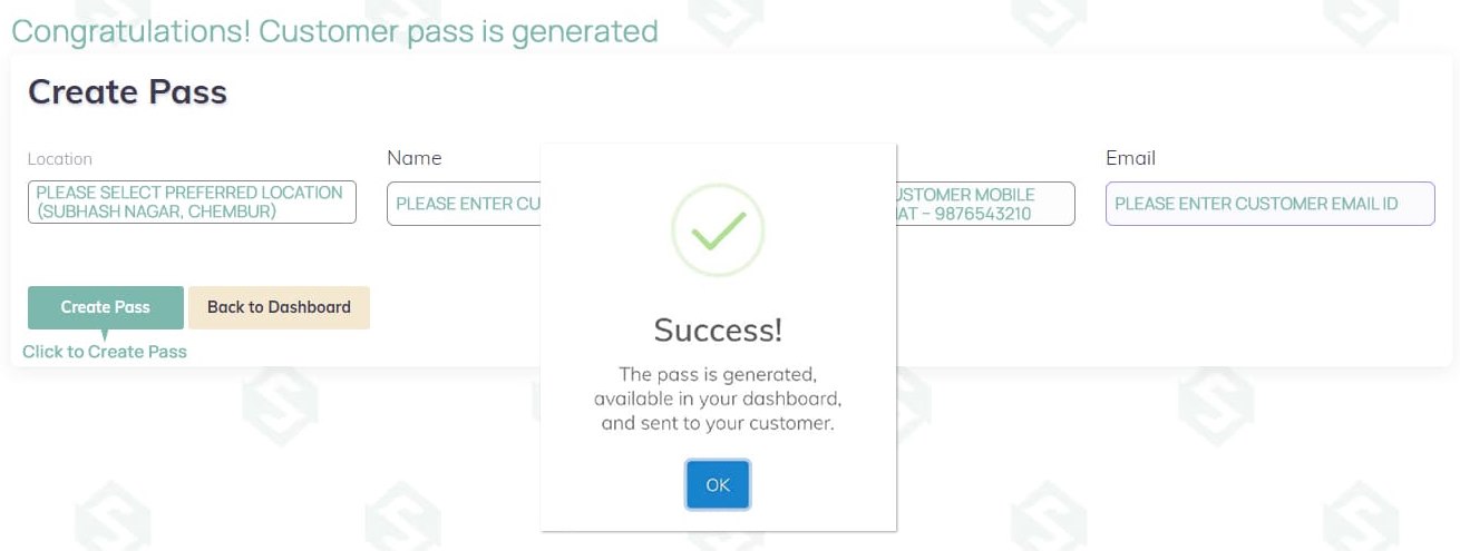 Customer pass generated success message